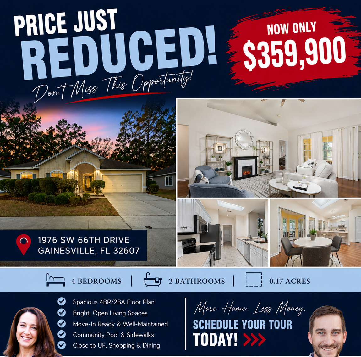 Price reduced flyer for 1976 SW 66th Drive in Gainesville, FL, now listed at $359,900, with photos of the home's exterior and interior